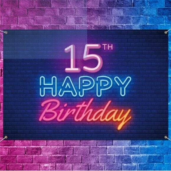 Glow Neon 15th Birthday Photo Backdrop Banner and Colorful Glow Light Balloons - Picture 1 of 10